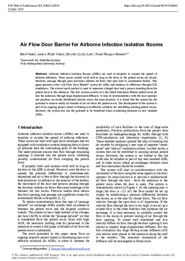 (PDF) Air Flow Door Barrier for Airborne Infection Isolation Rooms
