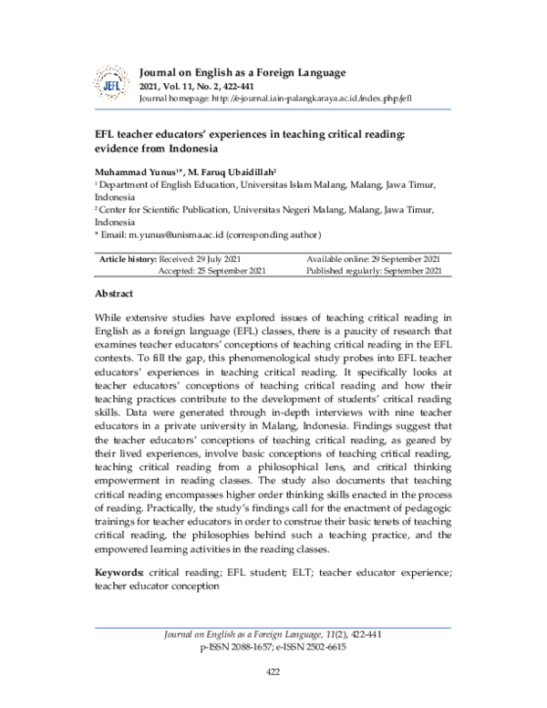 (PDF) EFL teacher educators’ experiences in teaching critical reading ...