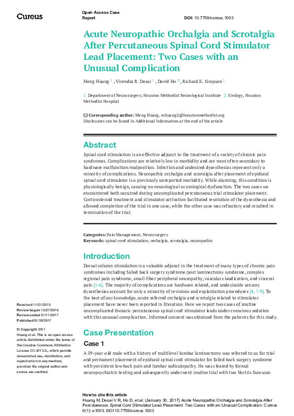 (PDF) Acute Neuropathic Orchalgia and Scrotalgia After Percutaneous ...