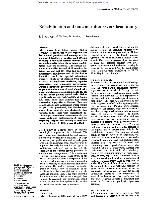 (PDF) Rehabilitation and outcome after severe head injury
