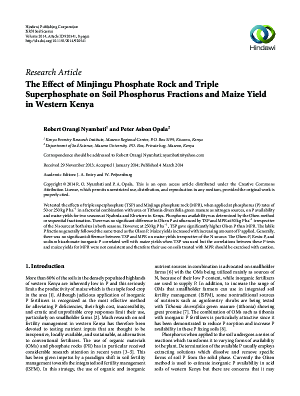 (PDF) The Effect of Minjingu Phosphate Rock and Triple Superphosphate ...
