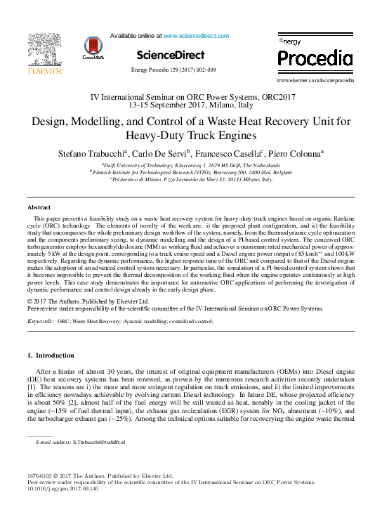 (PDF) Design, Modelling, and Control of a Waste Heat Recovery Unit for ...