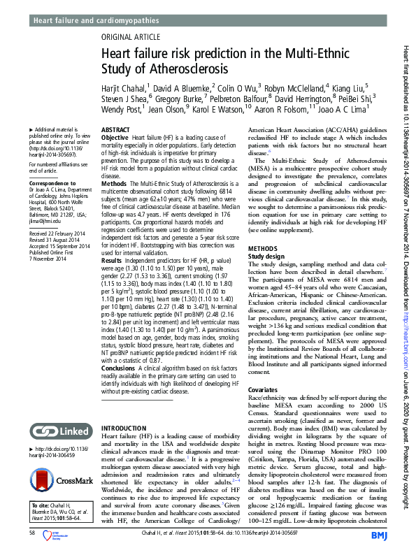 (PDF) Heart failure risk prediction in the Multi-Ethnic Study of ...