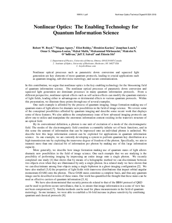 (PDF) Nonlinear Optics: The Enabling Technology for Quantum Information ...