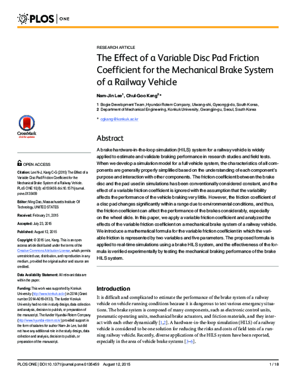 (PDF) The Effect of a Variable Disc Pad Friction Coefficient for the