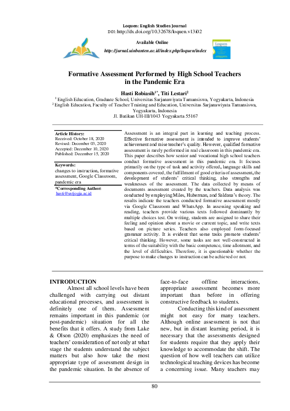 (PDF) Formative Assessment Performed by High School Teachers in the ...