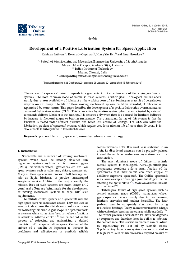 (PDF) Development of a Positive Lubrication System for Space