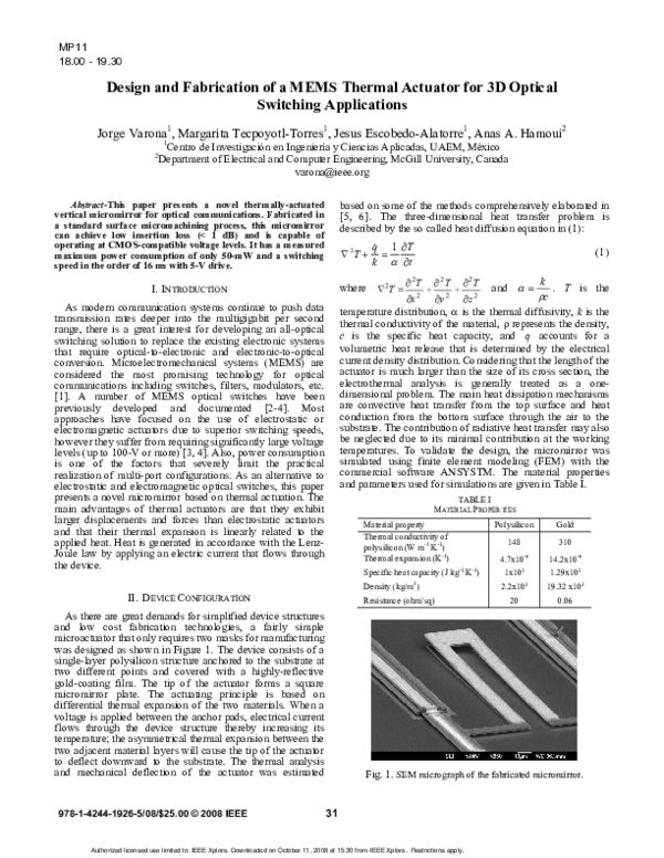 (PDF) Design and fabrication of a MEMS thermal actuator for 3D optical ...