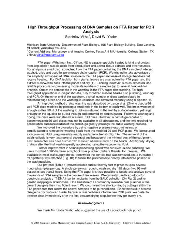 (PDF) High Throughput Processing of DNA Samples on FTA Paper for PCR ...