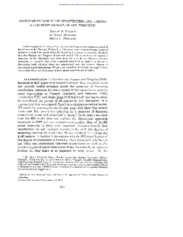 (PDF) InvestmentCash Flow Sensitivities are Useful A Comment on