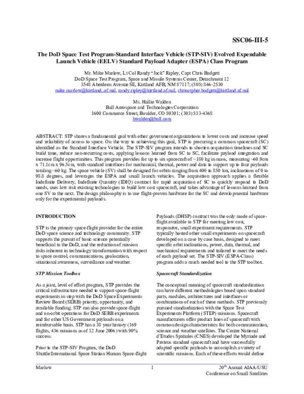 (PDF) The DoD Space Test Program-Standard Interface Vehicle (STP-SIV ...