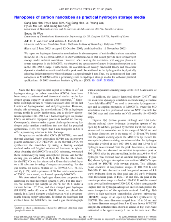 (PDF) Nanopores of carbon nanotubes as practical hydrogen storage media