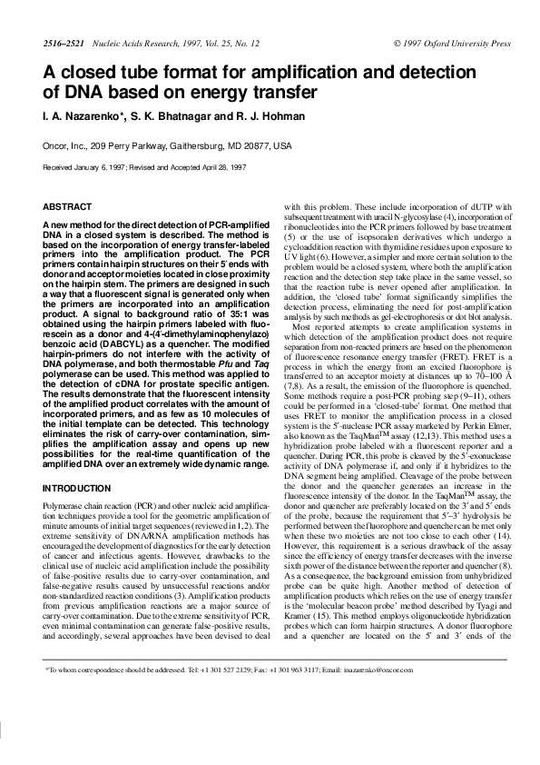 (PDF) A closed tube format for amplification and detection of DNA based ...
