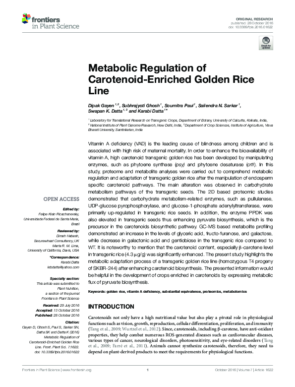 (PDF) Metabolic Regulation of Carotenoid-Enriched Golden Rice Line