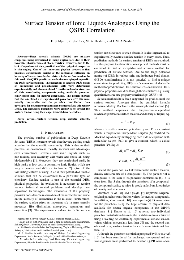 (PDF) Surface Tension of Ionic Liquids Analogues Using the QSPR Correlation