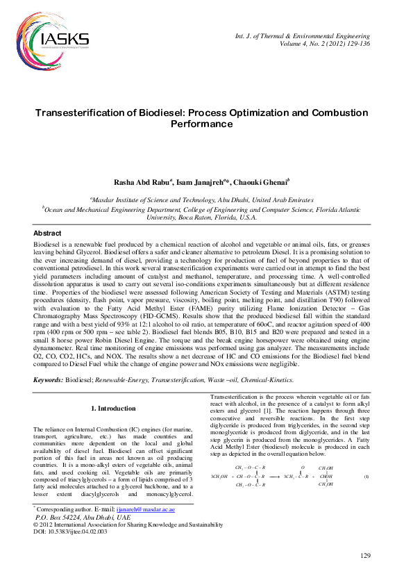 (PDF) Transesterification of Biodiesel: Process Optimization and ...