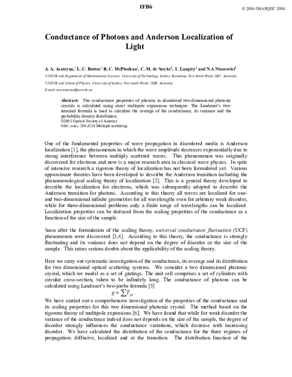 (PDF) Conductance of photons and Anderson localization of light