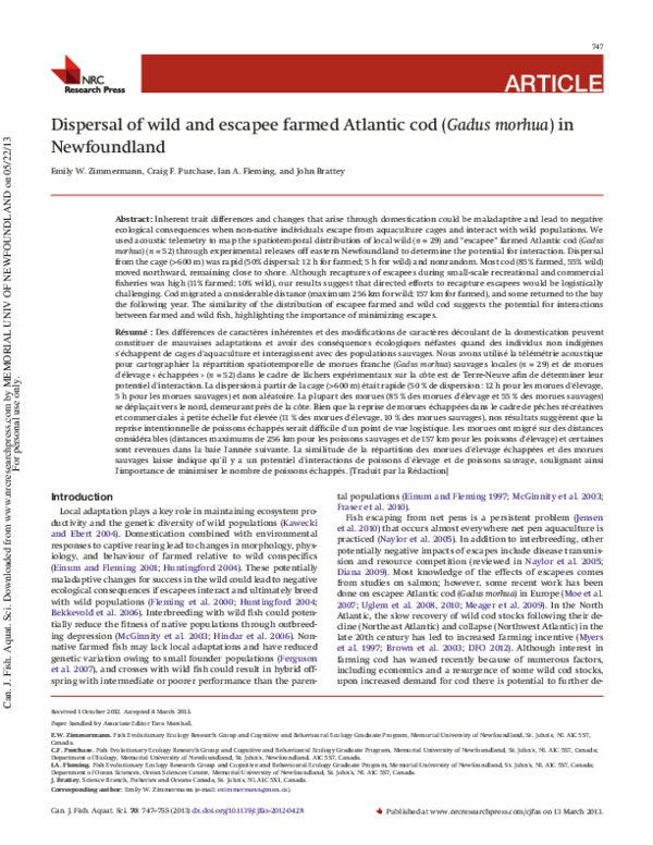 (PDF) Dispersal of wild and escapee farmed Atlantic cod ( Gadus morhua ...