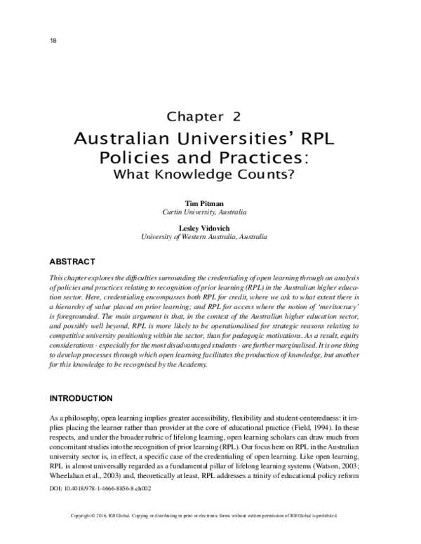 (PDF) Australian Universities' RPL Policies and Practices