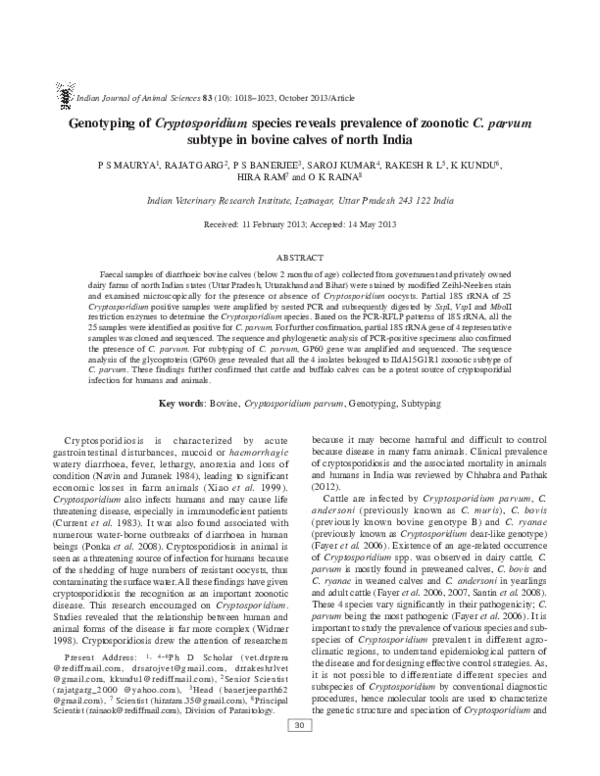 (PDF) Genotyping of Cryptosporidium species reveals prevalence of ...