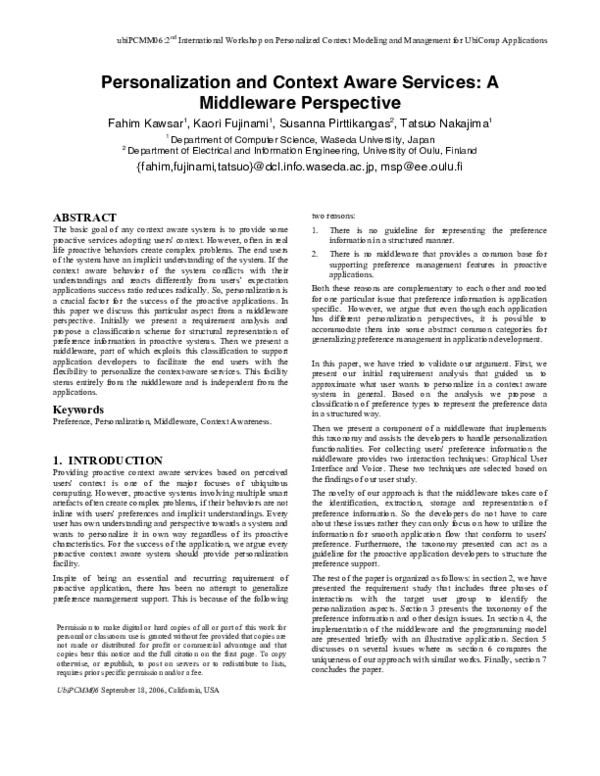 (PDF) Personalization and Context Aware Services: A Middleware Perspective