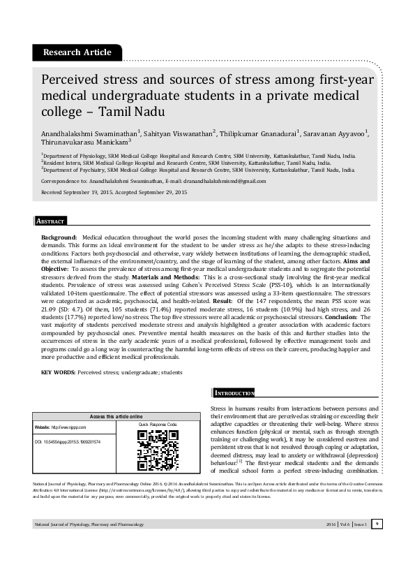 (PDF) Perceived stress and sources of stress among first-year medical ...