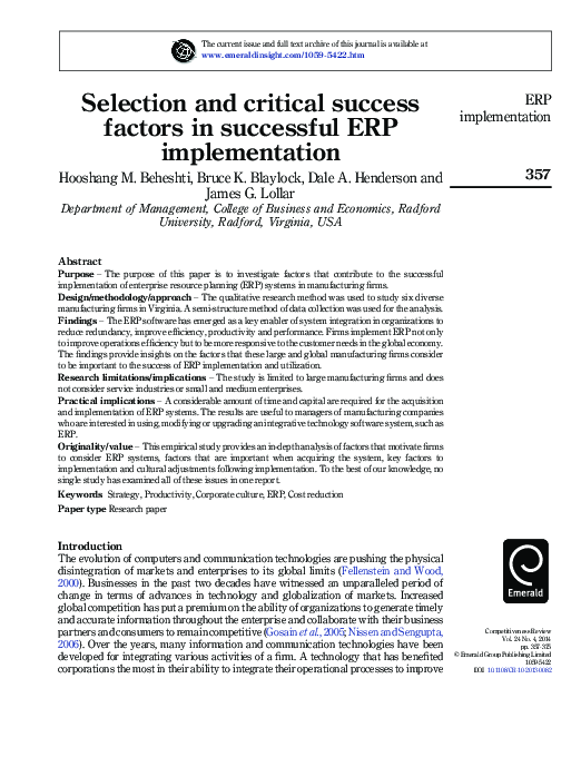 (PDF) Selection and critical success factors in successful ERP ...