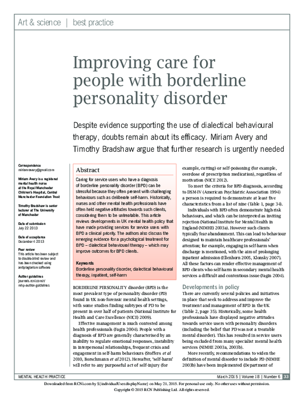 (PDF) Improving care for people with borderline personality disorder