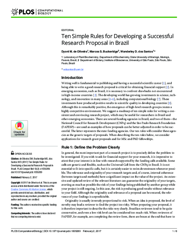 (PDF) Ten Simple Rules for Developing a Successful Research Proposal in ...