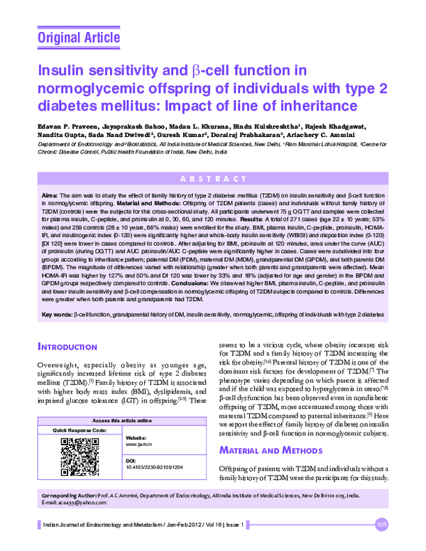 (PDF) Insulin sensitivity and β-cell function in normoglycemic ...