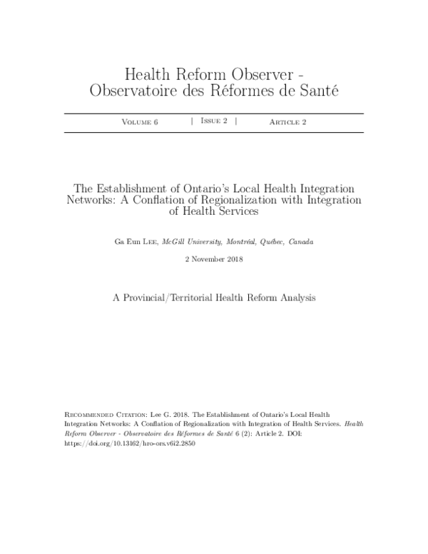 (PDF) The Establishment of Ontario's Local Health Integration Networks ...