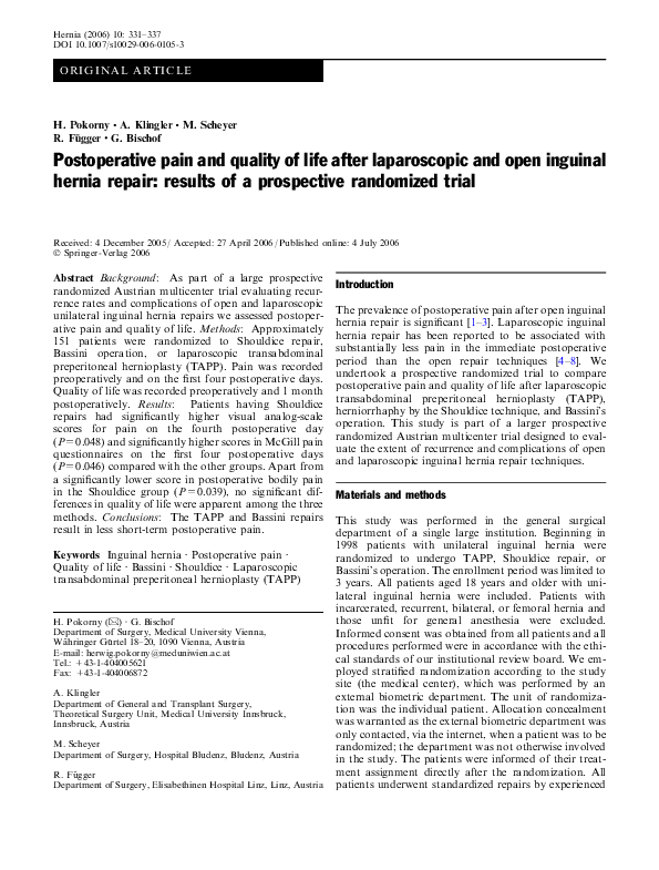 (PDF) Postoperative pain and quality of life after laparoscopic and ...