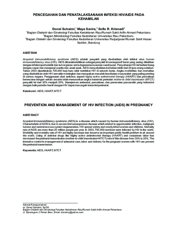 (PDF) Pencegahan Dan Penatalaksanaan Infeksi Hiv/Aids Pada Kehamilan