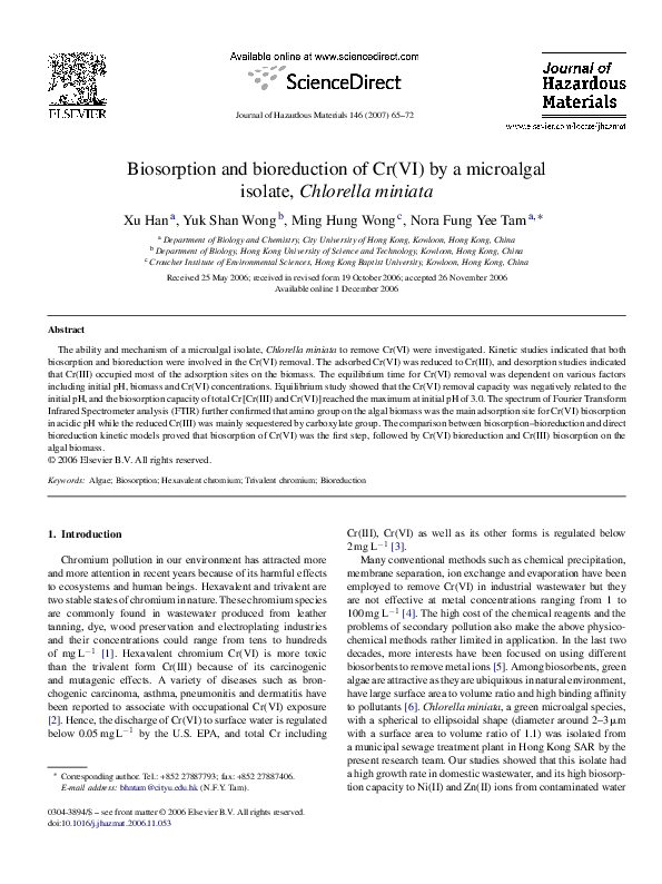 (PDF) Biosorption and bioreduction of Cr(VI) by a microalgal isolate ...