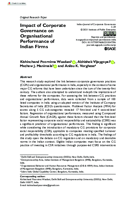 (PDF) Impact of Corporate Governance on Organisational Performance of ...