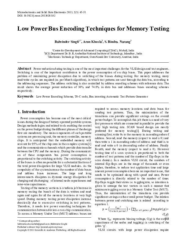 (PDF) Low Power Bus Encoding Techniques for Memory Testing