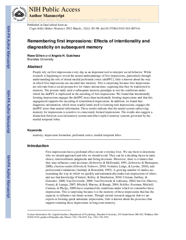 (PDF) Remembering first impressions: Effects of intentionality and ...