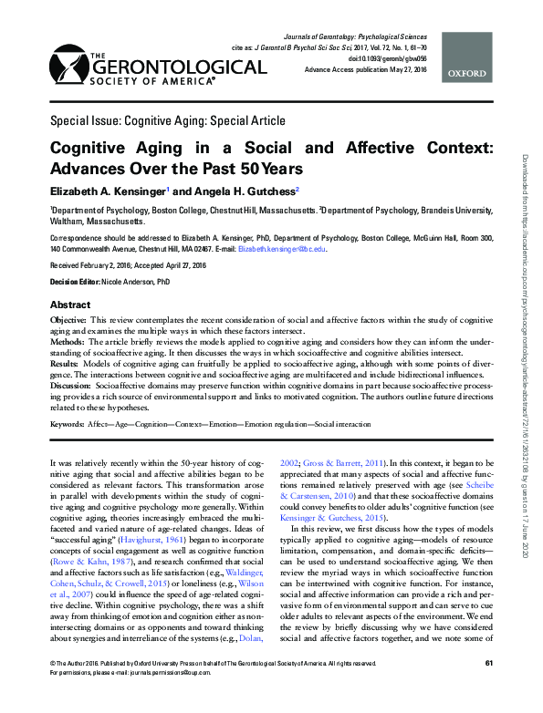 (PDF) Cognitive Aging in a Social and Affective Context: Advances Over ...