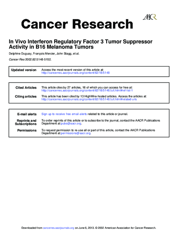 (PDF) In vivo interferon regulatory factor 3 tumor suppressor activity ...