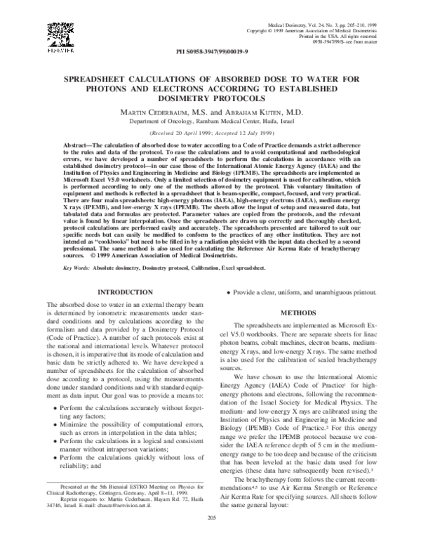 (PDF) Spreadsheet calculations of absorbed dose to water for photons ...