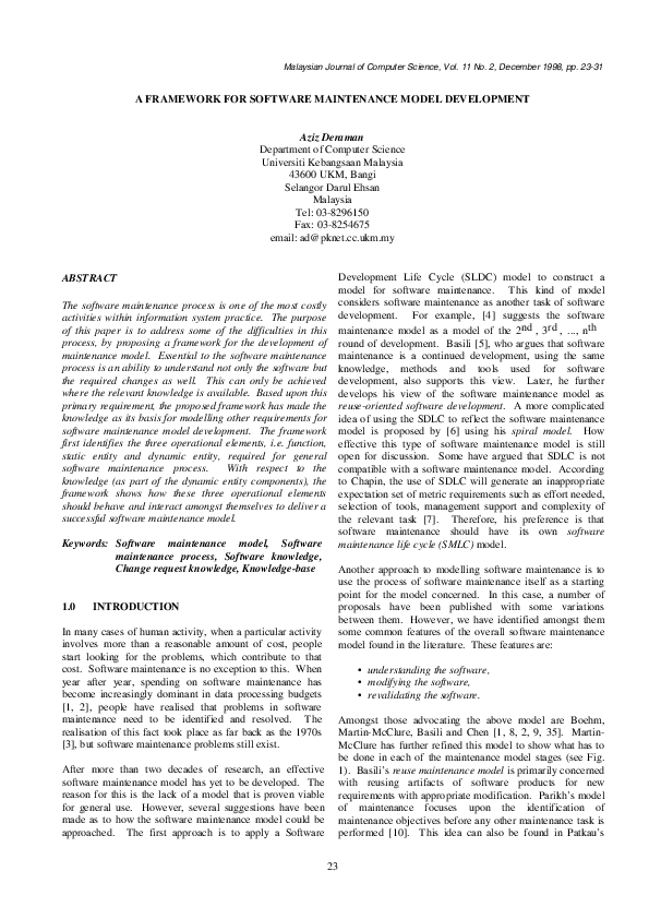 (PDF) A Framework for Software Maintenance Model Development