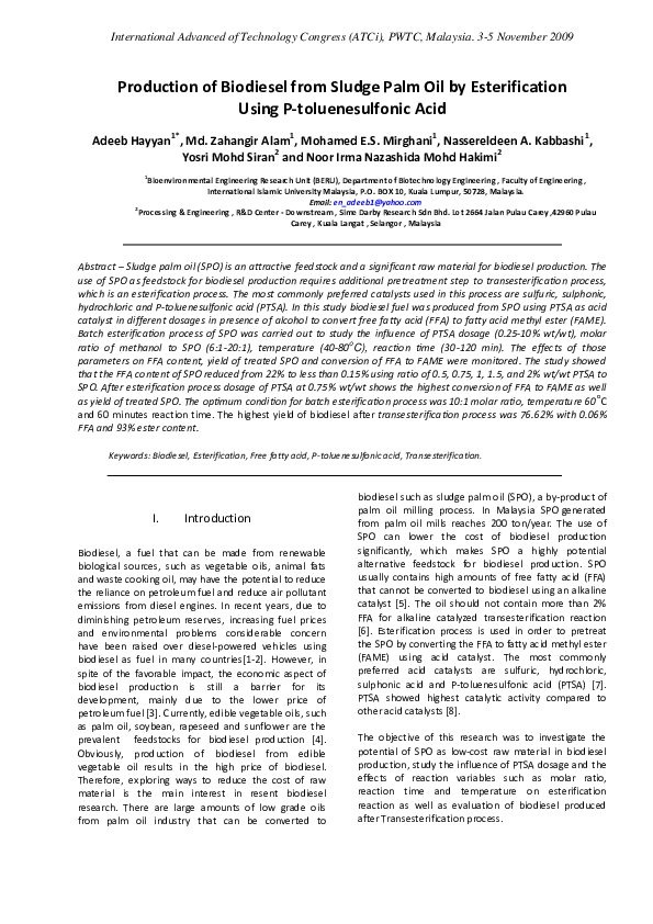 (PDF) Production of biodiesel from sludge palm oil by esterification ...