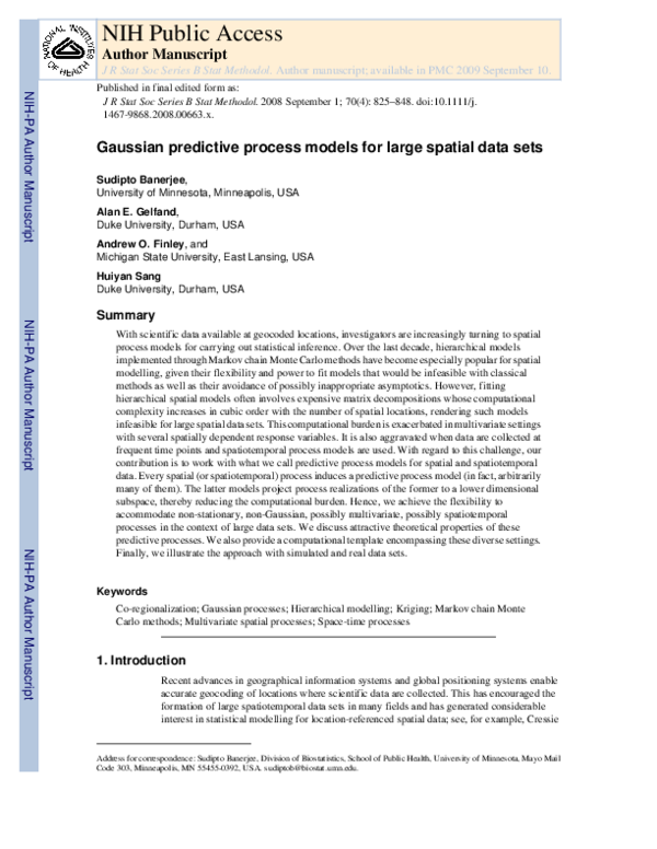(PDF) Gaussian predictive process models for large spatial data sets