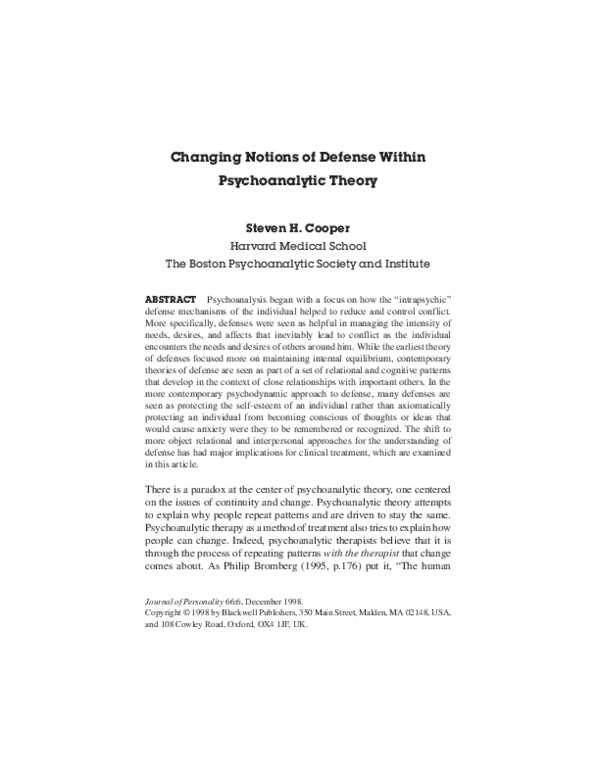 PDF) Changing Notions of Defense Within Psychoanalytic Theory