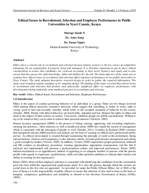 PDF) Ethical Issues in Recruitment, Selection and Employee 