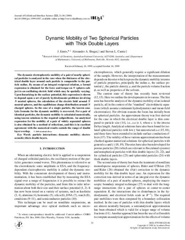 (PDF) Dynamic Mobility of Two Spherical Particles with Thick Double Layers