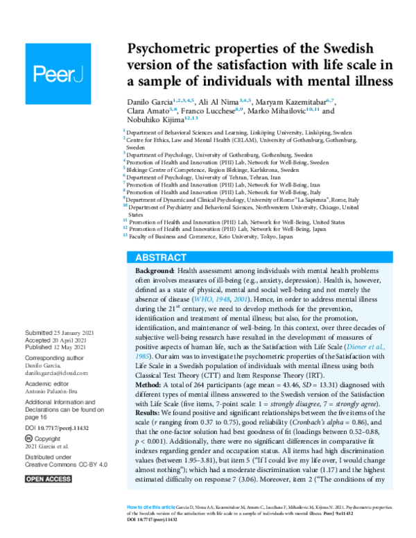(PDF) Psychometric properties of the Swedish version of the ...