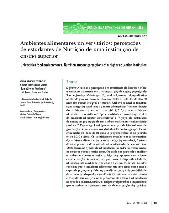 (PDF) Ambientes Alimentares Universitários: Percepções De Estudantes De ...
