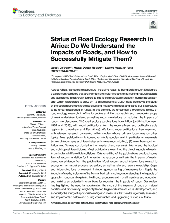 (PDF) Status of Road Ecology Research in Africa: Do We Understand the ...
