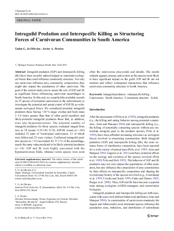 (PDF) Intraguild Predation and Interspecific Killing as Structuring ...
